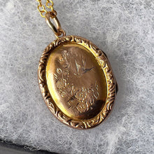 Load image into Gallery viewer, Antique Victorian 9ct Gold Locket. Engraved Swallow &amp; Rose Sweetheart Locket. Small Gold Oval Gold Locket. Antique Photo Locket.
