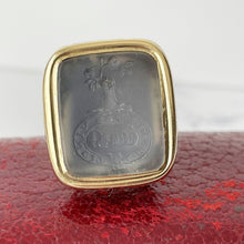 Load image into Gallery viewer, Georgian 15ct Gold Seal Fob - Fairness Wins. Carved Moonstone Latin Intaglio Fob Seal. Armorial Crest/Coat Of Arms Wax Seal Fob, Circa 1760
