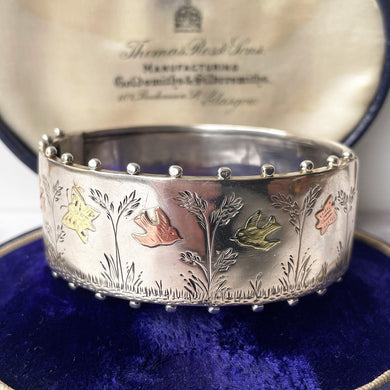 Antique Victorian Wide Cuff Bracelet. Engraved Birds & Butterfly Silver, Gold Victorian Aesthetic Bangle. Antique English Silver Bracelet.