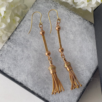 Antique Victorian 15ct Gold Tassel Earrings. Etruscan Revival Long Pendant Drop Earrings. Antique Tri-Colour Gold Foxtail Tassel Earrings