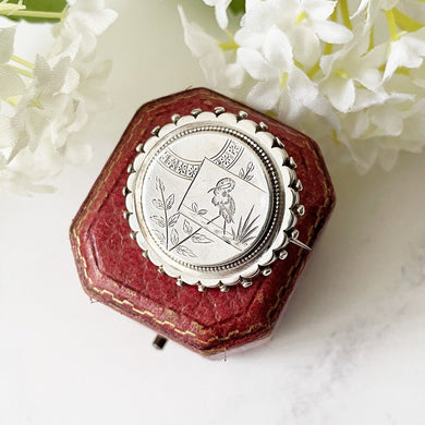 Antique Victorian Silver Locket Back Brooch. Aesthetic Engraved Crane Sterling Silver Brooch, Photo Compartment. Victorian Japonesque Pin.