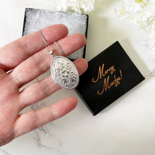 Load image into Gallery viewer, Vintage Edwardian Style Engraved Sterling Silver Locket. Floral Engraved Family Photo Locket &amp; Chain. 4-Photo Oval Silver Locket On Chain
