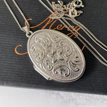 Load image into Gallery viewer, Vintage Edwardian Style Engraved Sterling Silver Locket. Floral Engraved Family Photo Locket &amp; Chain. 4-Photo Oval Silver Locket On Chain
