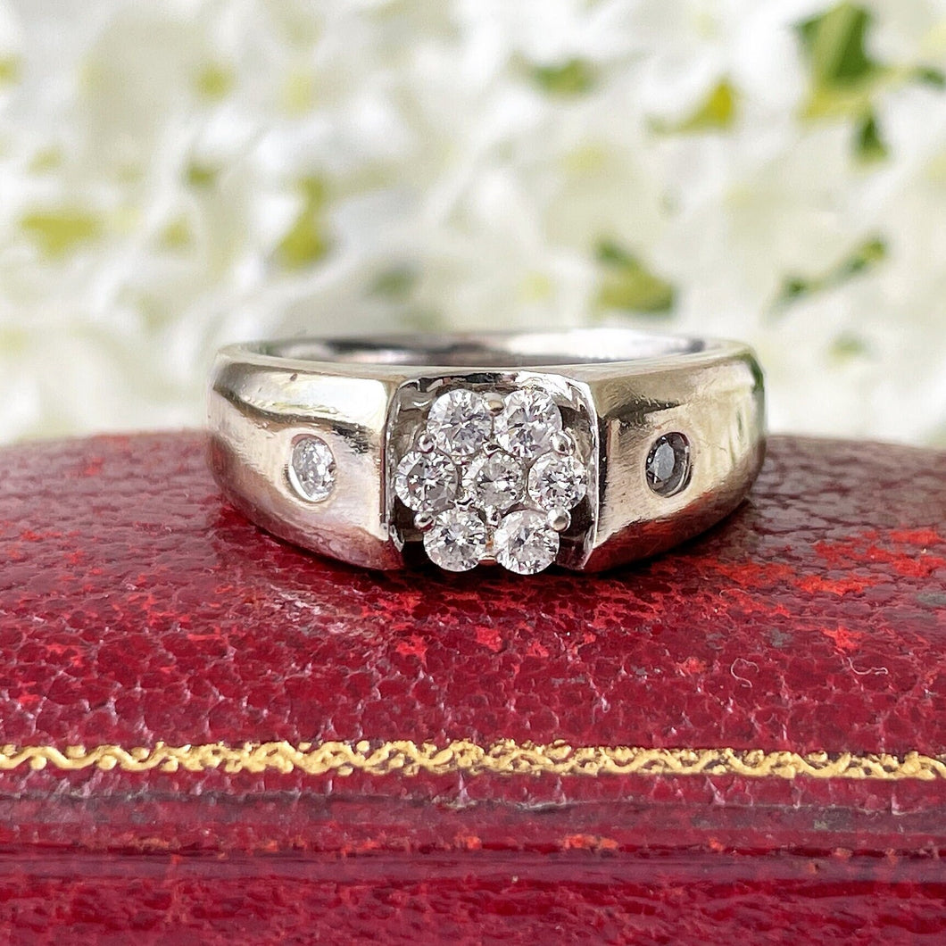 Mens Vintage 14ct White Gold & Diamond Ring. Diamond Flower Statement Ring. Diamond Band Ring With Certificate. Size US 10.25/UK U/ EU 62.5