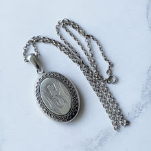 Load image into Gallery viewer, Antique Victorian 2-Sided Picture Locket &amp; Long Chain. Large Sterling Silver Photo Pendant With Young Edwardian Girl, 22&quot; Belcher/Rolo Chain
