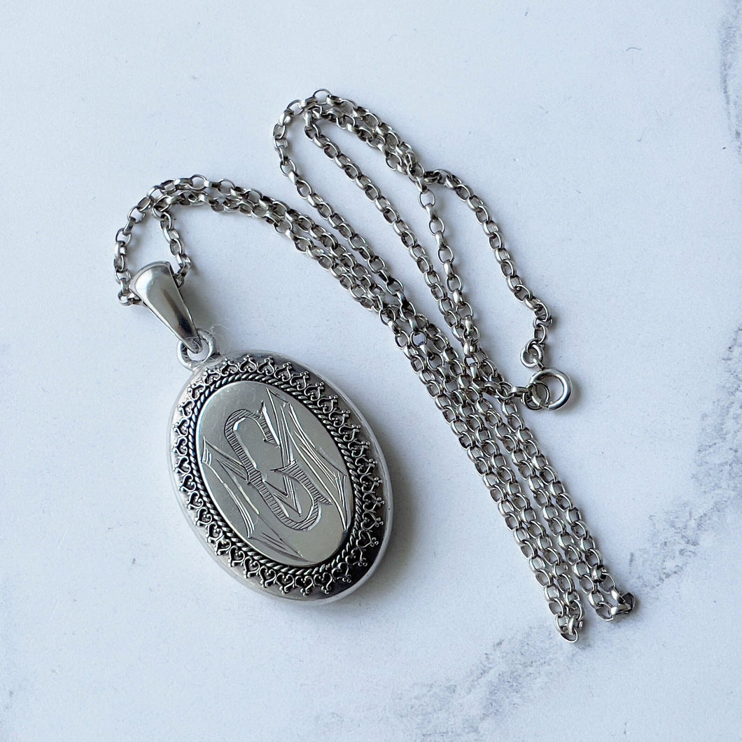 Antique Victorian 2-Sided Picture Locket & Long Chain. Large Sterling Silver Photo Pendant With Young Edwardian Girl, 22" Belcher/Rolo Chain