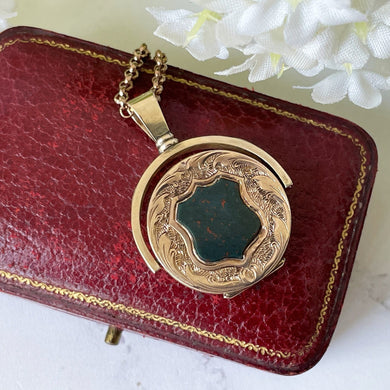 Scottish 9ct Gold & Bloodstone Victorian Locket Fob. Antique 2 -Sided Fob Style Locket. Engraved Gold Spinner Fob Pendant