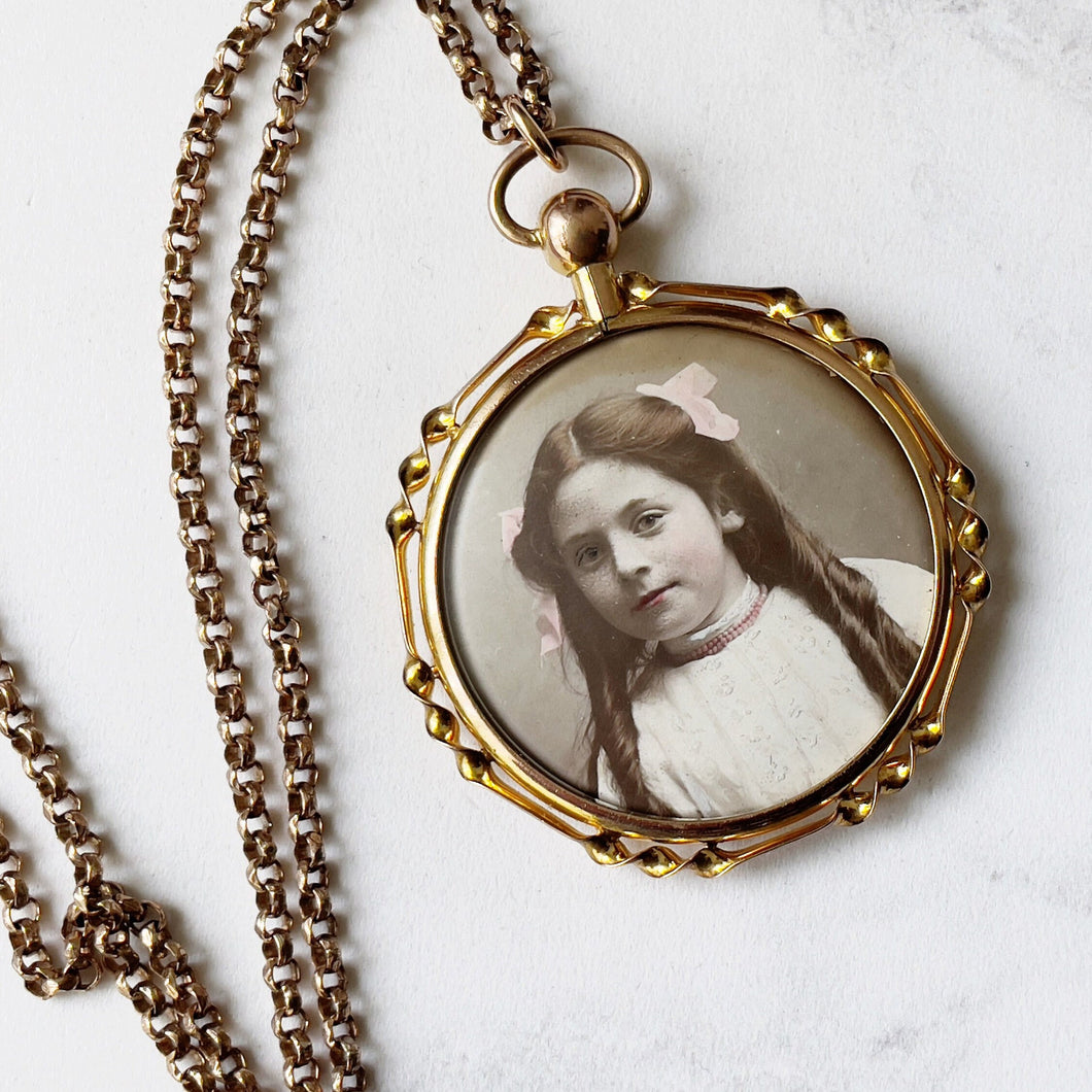 Edwardian Gold Picture Locket & Belcher Chain. Antique 9ct Rolled Gold 2 Sided Photo Pendant Necklace. Large Glass Locket, Original Photos