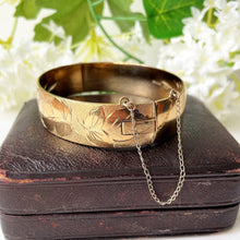 Load image into Gallery viewer, Vintage 12ct Rolled Gold Bracelet, Harrods Of London. Edwardian Revival Leaf Engraved Bangle Bracelet. Heavy Gold Filled Wide Hinged Bangle
