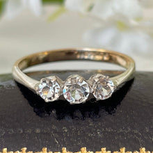Load image into Gallery viewer, Antique Art Deco 9ct Gold &amp; Paste Diamond Ring. 1920s 3 Stone Trilogy Engagement Ring Size US 7.5/UK P/EU 55. Antique Paste Jewelry
