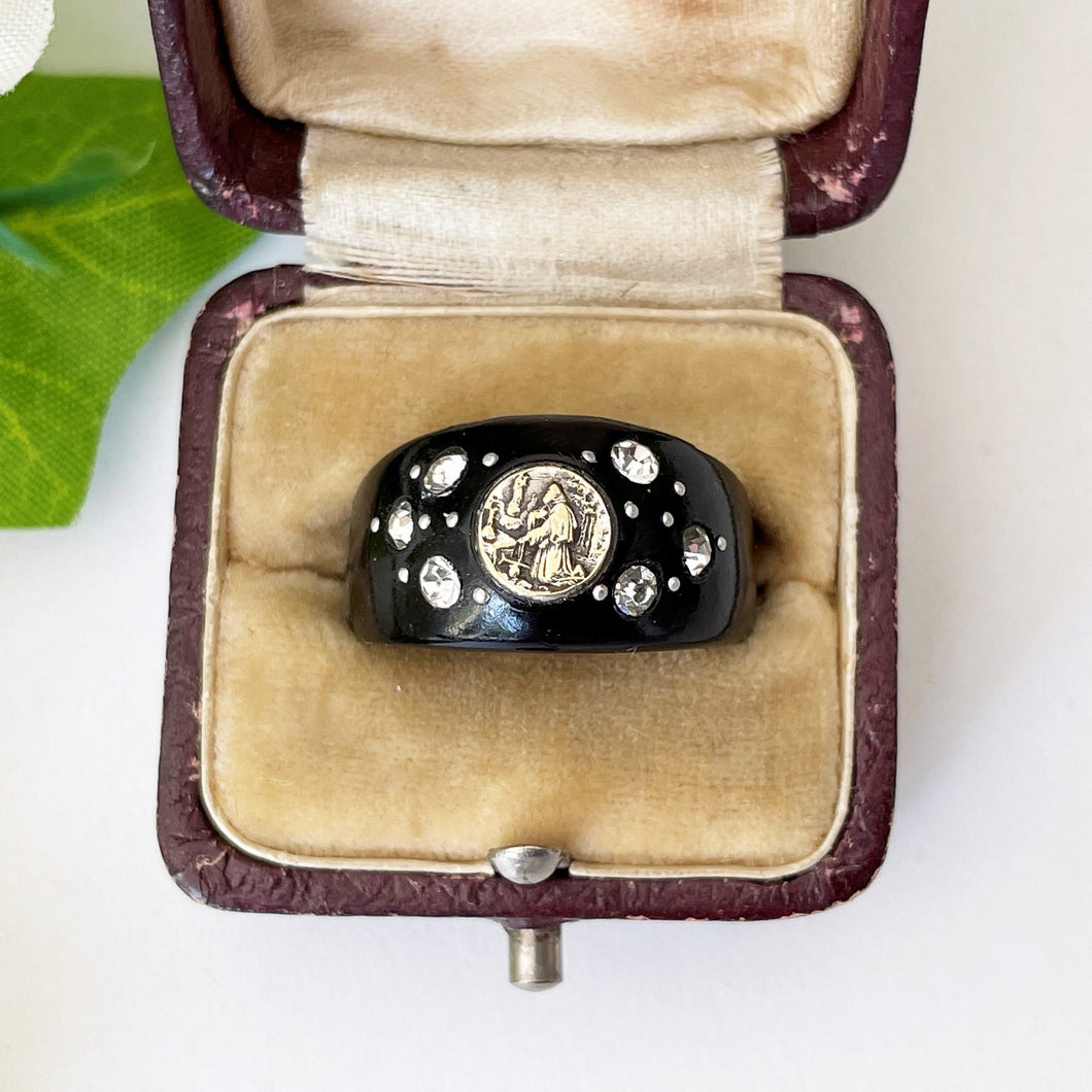 Antique Victorian Whitby Jet Mourning Ring. Victorian Black Domed Band Ring With Paste Diamonds. Saints Devotional Ring In Antique Box