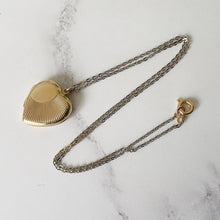 Load image into Gallery viewer, Vintage 9ct Rolled Gold Heart Locket &amp; Original Chain. Art Deco Revival Engraved Sunburst Locket, Gold Chain. Love Heart Locket Necklace
