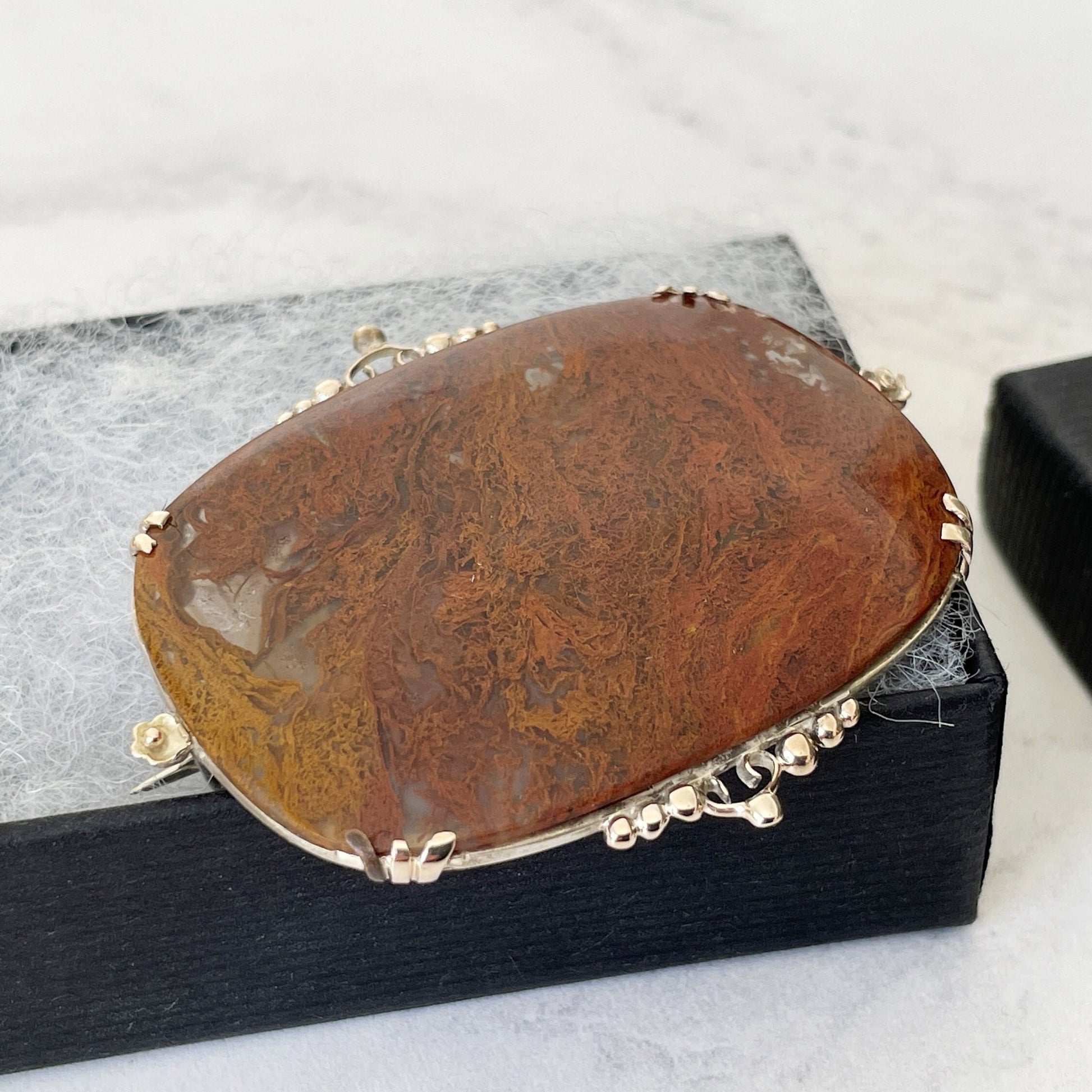 Victorian 9ct Gold & Silver Moss Agate Scottish Brooch. Large Antique Scenic Moss Agate Specimen Brooch. Victorian Scottish Pebble Jewelry