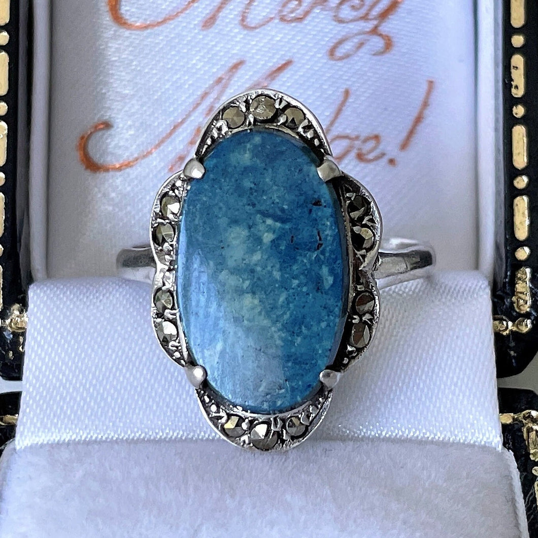 Antique Art Deco Lapis Lazuli Ring. 935 Silver & Marcasite Blue Gemstone Ring, Germany. Art Deco Flower Ring Size UK Q/US 8/EU 56-1/2