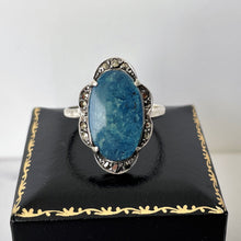 Load image into Gallery viewer, Antique Art Deco Lapis Lazuli Ring. 935 Silver &amp; Marcasite Blue Gemstone Ring, Germany. Art Deco Flower Ring Size UK Q/US 8/EU 56-1/2
