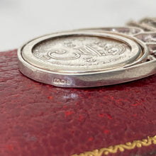 Cargar imagen en el visor de la galería, Antique Edwardian Silver Coin Pendant &amp; Chain. King George V Threepenny Coin Necklace, Dated 1919. Vintage Sterling Silver Coin Jewelry

