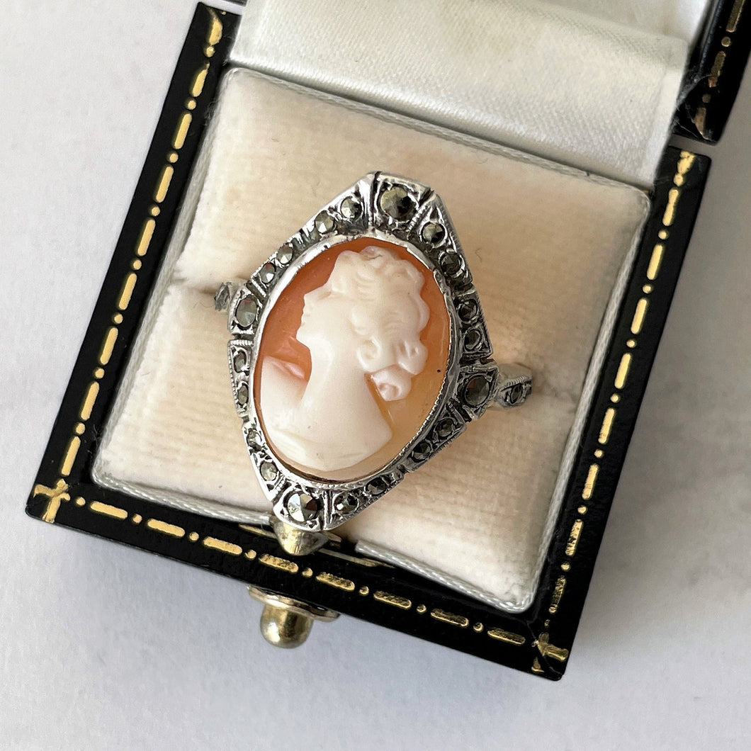 Antique Cameo Ring. 9ct Gold, Sterling Silver & Marcasite Cameo Ring. Edwardian/Art Deco Marquise Ring In Old Box, UK Q-1/2, US 8.25, EU 57