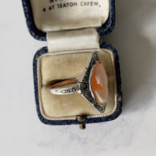 Carica l&#39;immagine nel visualizzatore di Gallery, Antique Cameo Ring. 9ct Gold, Sterling Silver &amp; Marcasite Cameo Ring. Edwardian/Art Deco Marquise Ring In Old Box, UK Q-1/2, US 8.25, EU 57
