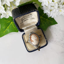 Carica l&#39;immagine nel visualizzatore di Gallery, Antique Cameo Ring. 9ct Gold, Sterling Silver &amp; Marcasite Cameo Ring. Edwardian/Art Deco Marquise Ring In Old Box, UK Q-1/2, US 8.25, EU 57
