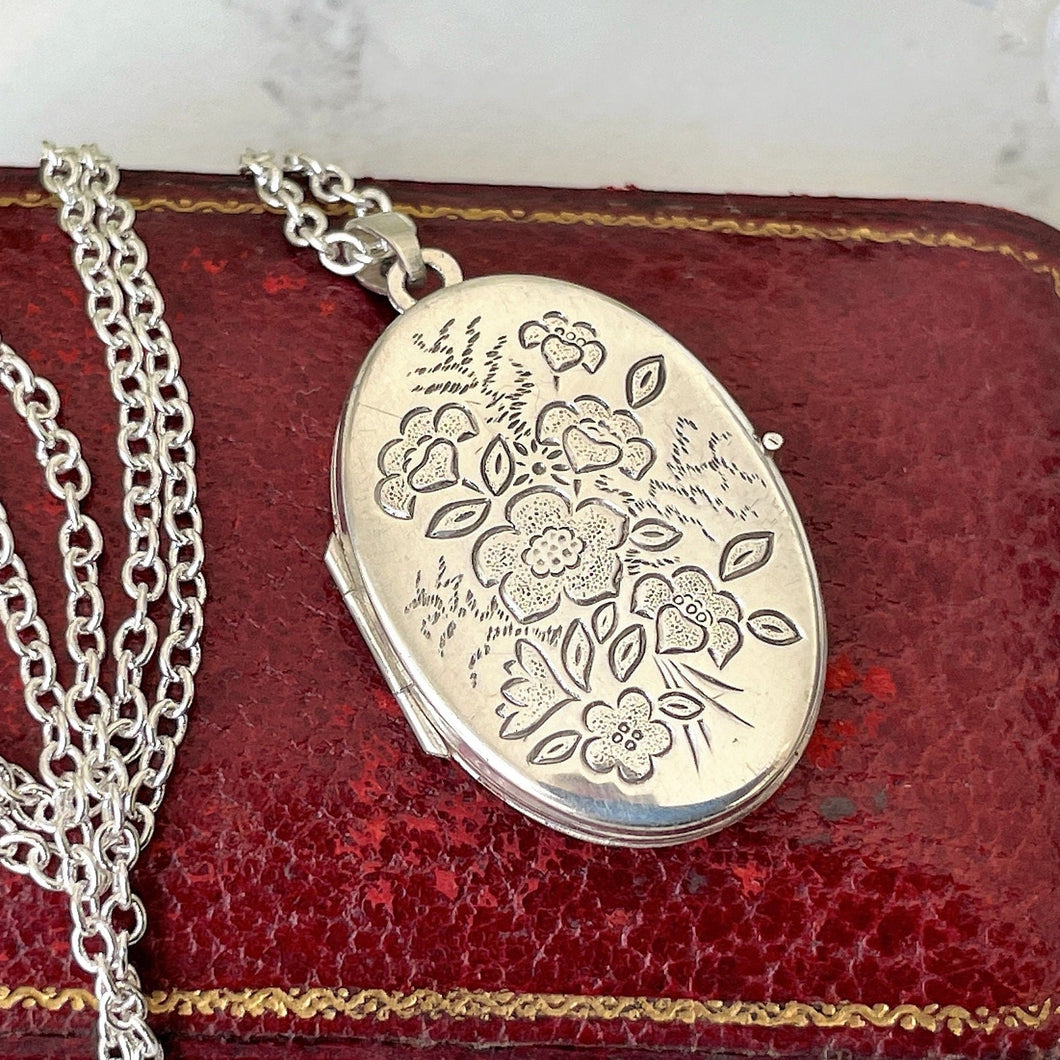 Vintage Sterling Silver Rose Engraved Locket & Chain. Antique Victorian Style Sweetheart Locket. Oval 2-Photo Locket Necklace, Germany