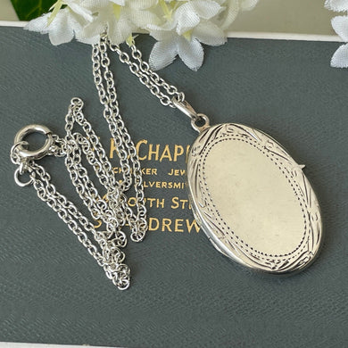 Vintage Edwardian Style Sterling Silver Locket & Chain. Elongated Oval 2-Photo Locket, Engraved Border. Large Silver Locket Necklace