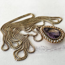 Load image into Gallery viewer, Georgian 18ct Gold Pear Cut Amethyst &amp; Pearl Pendant On Original Box Chain. Antique 40&quot; Long Yellow Gold Guard Chain Pendant Necklace
