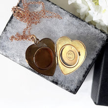 Load image into Gallery viewer, Antique Victorian Rose Gold Heart Locket &amp; Chain. Flower and Fern Engraved Rolled Gold Photo Locket. Large Puffy 2-Photo Locket Necklace
