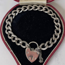 Load image into Gallery viewer, Vintage English Silver Curb Chain Bracelet, Heart Padlock Clasp. Sterling Silver Sweetheart/Engagement Bracelet. Romantic Jewelry Gifts.
