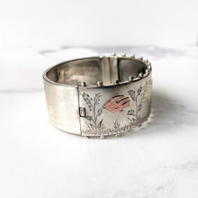 Load image into Gallery viewer, Antique Victorian Wide Cuff Bracelet. Engraved Birds &amp; Butterfly Silver, Gold Victorian Aesthetic Bangle. Antique English Silver Bracelet.

