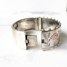 Load image into Gallery viewer, Antique Victorian Wide Cuff Bracelet. Engraved Birds &amp; Butterfly Silver, Gold Victorian Aesthetic Bangle. Antique English Silver Bracelet.
