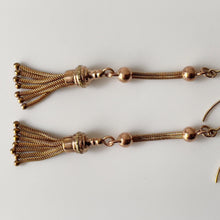Load image into Gallery viewer, Antique Victorian 15ct Gold Tassel Earrings. Etruscan Revival Long Pendant Drop Earrings. Antique Tri-Colour Gold Foxtail Tassel Earrings
