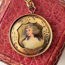 Carica l&#39;immagine nel visualizzatore di Gallery, Antique Victorian Gold Gilt Portrait Pendant. Miniature Painted Porcelain Portrait of a Georgian Lady. Gold Plated Silver Pendant &amp; Chain
