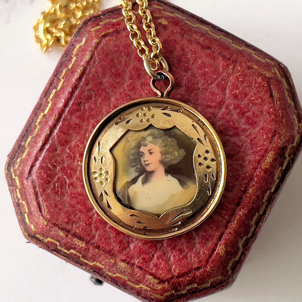 Antique Victorian Gold Gilt Portrait Pendant. Miniature Painted Porcelain Portrait of a Georgian Lady. Gold Plated Silver Pendant & Chain