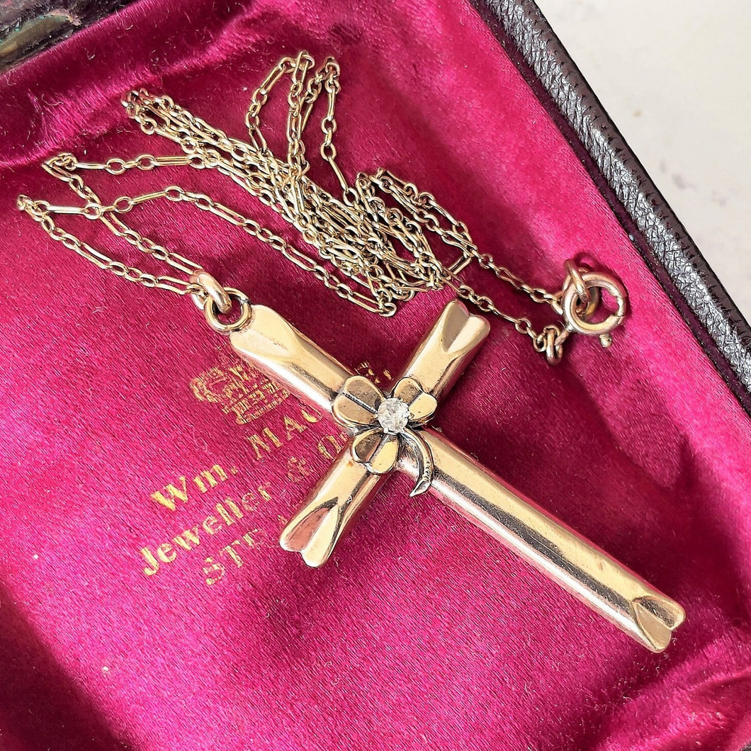 Antique Edwardian Gold Shamrock Cross & Chain. Rolled Gold/Gold Filled Paste Diamond Cross, Paper Clip Chain. Antique Cross Necklace