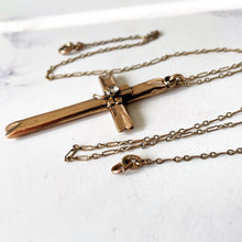 Load image into Gallery viewer, Antique Edwardian Gold Shamrock Cross &amp; Chain. Rolled Gold/Gold Filled Paste Diamond Cross, Paper Clip Chain. Antique Cross Necklace
