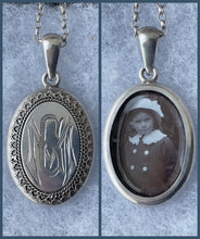 Load image into Gallery viewer, Antique Victorian 2-Sided Picture Locket &amp; Long Chain. Large Sterling Silver Photo Pendant With Young Edwardian Girl, 22&quot; Belcher/Rolo Chain
