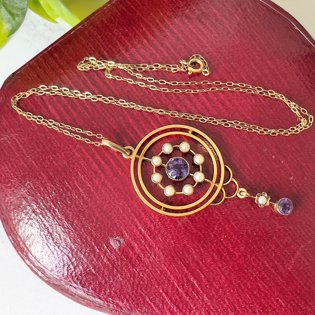 Antique Victorian 9ct Gold Lavalier Necklace. Edwardian/Art Nouveau Amethyst, Pearl Pendant Drop Necklace & Chain. Gold Lavaliere Necklace