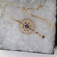 Load image into Gallery viewer, Antique Victorian 9ct Gold Lavalier Necklace. Edwardian/Art Nouveau Amethyst, Pearl Pendant Drop Necklace &amp; Chain. Gold Lavaliere Necklace
