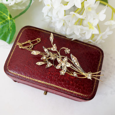 Antique Edwardian 9ct Gold & Pearl Flower Brooch. English Art Nouveau Floral Spray Brooch, Optional Box. Antique Bridal, Fine Jewelry Gift.