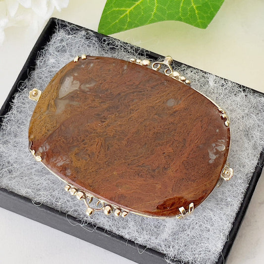 Victorian 9ct Gold & Silver Moss Agate Scottish Brooch. Large Antique Scenic Moss Agate Specimen Brooch. Victorian Scottish Pebble Jewelry