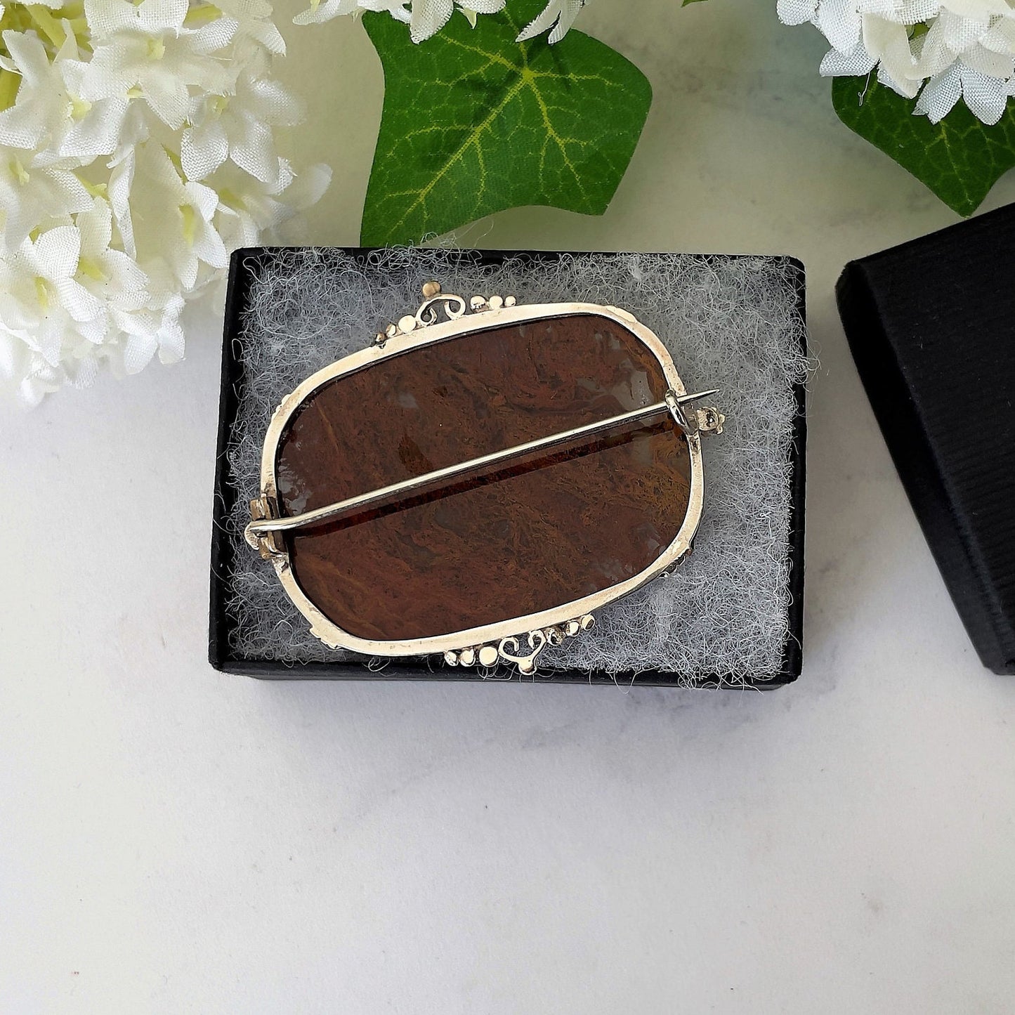 Victorian 9ct Gold & Silver Moss Agate Scottish Brooch. Large Antique Scenic Moss Agate Specimen Brooch. Victorian Scottish Pebble Jewelry