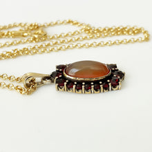 Load image into Gallery viewer, Antique Bohemian Garnet &amp; Glass Jelly Opal Pendant. Edwardian Red Garnet, Dragons Breath Opal Pendant With Gold Chain, Czechoslovakia
