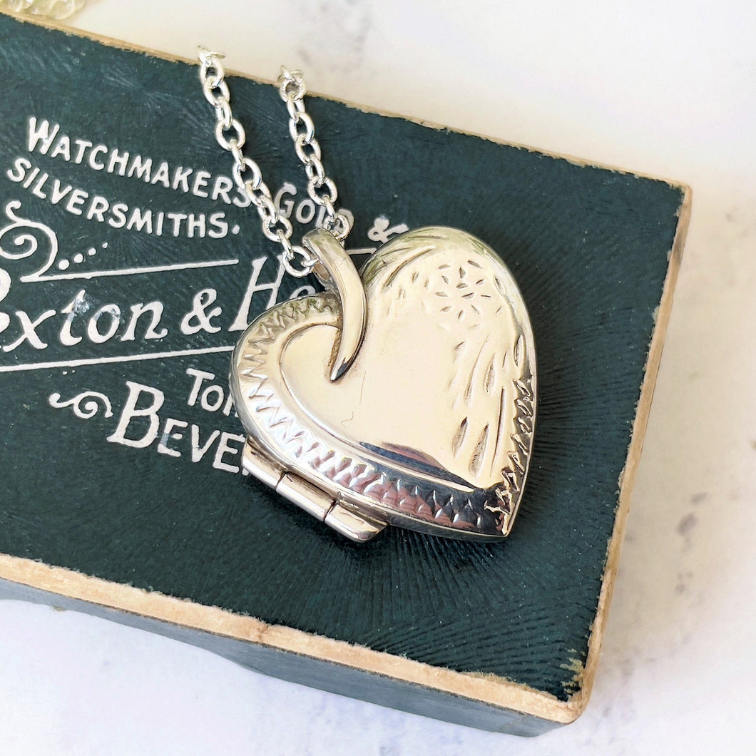Vintage Sterling Silver Love Heart Locket & Chain. Engraved Sweetheart Locket Necklace. Puffy 2-Photo Apple Heart Locket, Belcher Chain