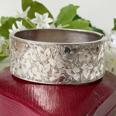 Antique Victorian Engraved Silver Cuff Bracelet. Sterling Silver Wide Hinged Bangle Bracelet. Aesthetic Engraved Ivy Sweetheart Bracelet