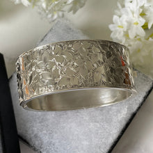 Load image into Gallery viewer, Antique Victorian Engraved Silver Cuff Bracelet. Sterling Silver Wide Hinged Bangle Bracelet. Aesthetic Engraved Ivy Sweetheart Bracelet
