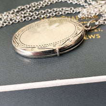 Load image into Gallery viewer, Vintage Edwardian Style Sterling Silver Locket &amp; Chain. Elongated Oval 2-Photo Locket, Engraved Border. Large Silver Locket Necklace
