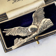 Load image into Gallery viewer, Vintage Scottish Silver Brooch, Snowy Owl Nesting On Fetlar, Shetland. Sterling Silver Figural Bird Brooch, Edinburgh 1967 Hallmarks.
