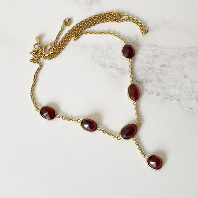 Vintage 1930s 18ct Gold Bohemian Garnet Necklace. Antique Art Deco Red Gemstone Pendant Drop Necklace. Gem Set Y Necklace, Princess Length