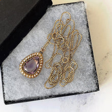 Load image into Gallery viewer, Georgian 18ct Gold Pear Cut Amethyst &amp; Pearl Pendant On Original Box Chain. Antique 40&quot; Long Yellow Gold Guard Chain Pendant Necklace
