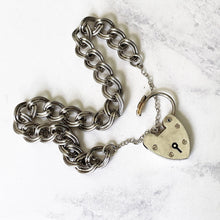 Load image into Gallery viewer, Vintage English Silver Curb Chain Bracelet, Heart Padlock Clasp. Sterling Silver Sweetheart/Engagement Bracelet. Romantic Jewelry Gifts.
